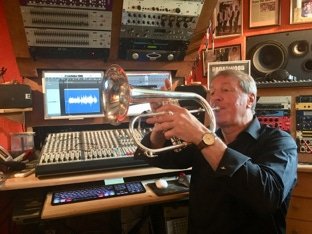 Brass player in control room at Broadwood Music Productions